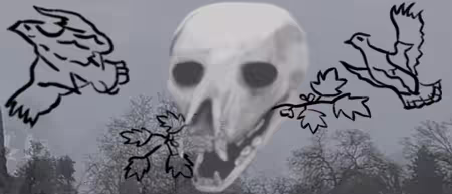 header image for the march across, depicting an animal skull and bird outlines superimposed over a forest photograph